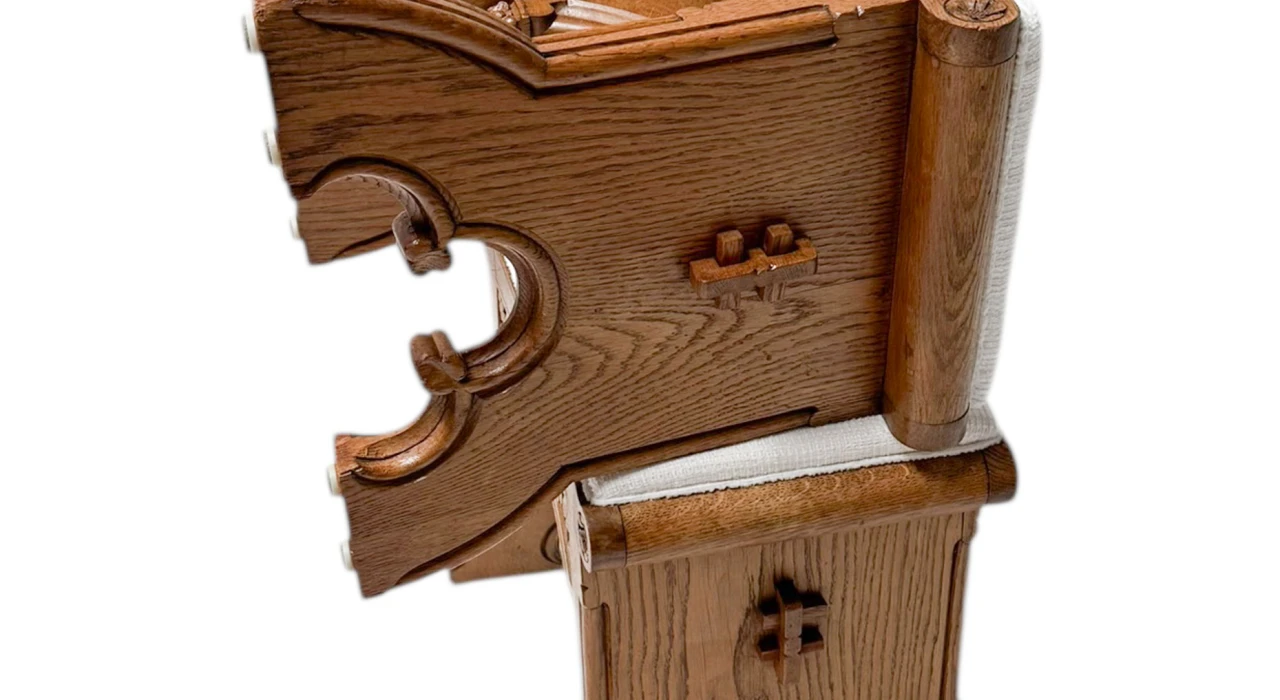 Arts & Crafts Hand-Carved Oak Stools with Boucle Upholstery, 1900s